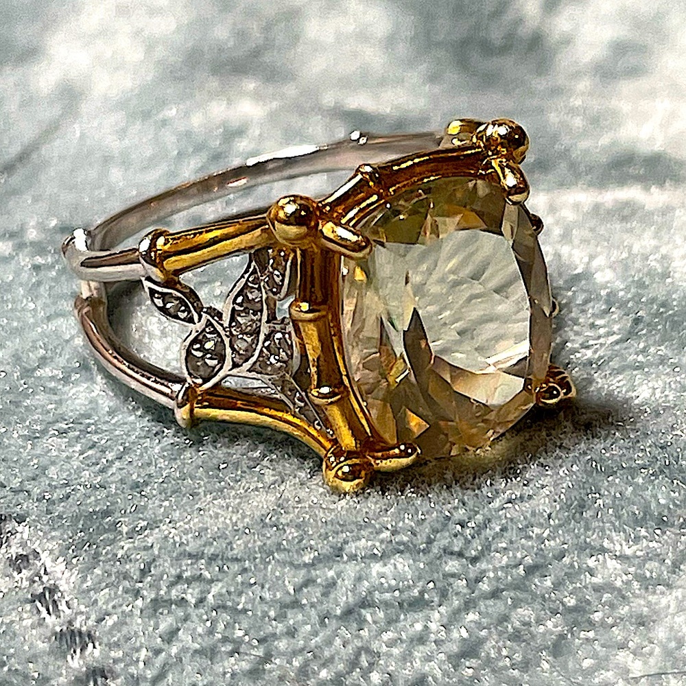 **SOLD**Yellow Labradorite Rhodium over Sterling Two-Tone Bamboo Ring-sz 7